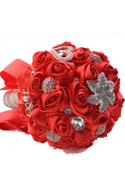 Red lovely Artificial Flowers Rose for Bridesmaid Bouquet with Pearls