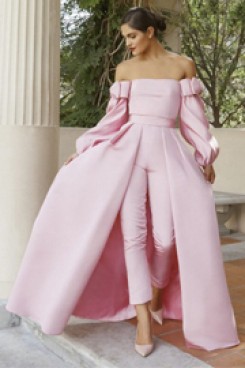 Satin Bridal Jumpsuit Pink Prom Gown Detachable Train so-133