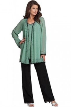 Scattered beads Chiffon Three Piece mother of the bride pants suits with long sleeves Jacket mps-200