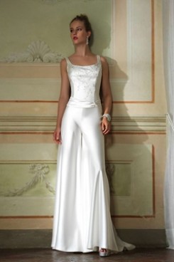 Scoop Elegant bridal hand beading white soft satin jumpsuit mps-014