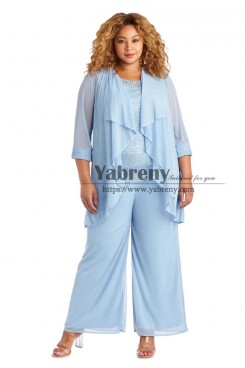 Sky Blue Chiffon Trousers Plus Size Women's Outfits With Jacket,Tenues pour femmes de grande taille mps-542-2