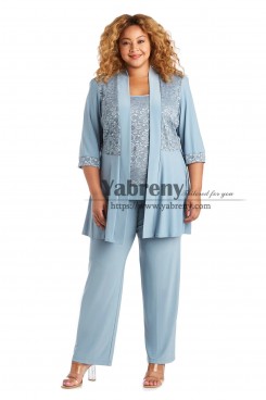 Sky Blue Mother of the Bride Pant suit With Elastic Waist 3 PC Plus Size Trousers Outfit With Jacket mps-540-1