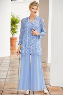 Sky Blue Mother of the bride trouser suits Loose women's lace outfits mps-184