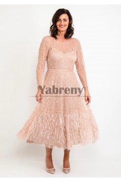 Blush Pink Sequin Fabrics Mother Of The Bride Dress, Long Sleeves Mother of the Groom Dresses mps-812