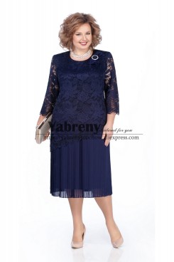 Tea-Length Dark Navy Lace Mother of the Bride Dress Long Sleeves Women Dress mps-504