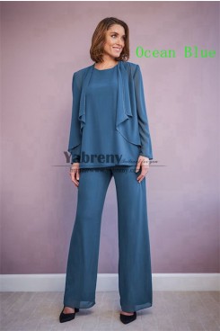 Three Piece Chiffon Under 100 Mother of the Bride Pant Suits Ocean Blue Spring Women's  Outfits mps-750-3