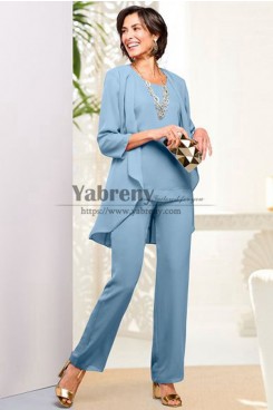 Three Piece Sky Blue Chiffon  Custom Size Mother of the Bride Pant suit Dresses mps-760-2