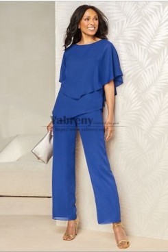 Two Piece Comfortable Chiffon Mother of the Bride Pant suits with Elastic Waist Royal Blue mps-719-3