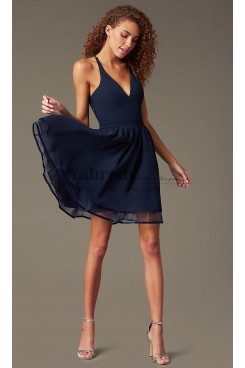 Dark Blue Chiffon Homecoming Dress,Under $100 V-Neck  Short Dreses sd-012-4