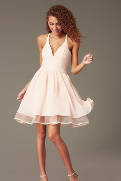 Under $100 V-Neck Homecoming Dress, Pink Chiffon Above Knee Dress sd-012-1