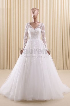 V-neck A-Line Sheer Straps Wedding dresses with Long Sleeves wd-011