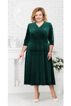 Velvet V-Neck Green Plus Size Mid-Calf Mother Of the bride Dresses, Robes pour femmes de grande taille mps-548-2