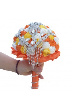 White,orange and yellow Artificial Flowers Rose for Bridesmaid Bouquet with Glass drill