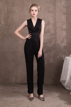 Black Charmeuse V-Neck wedding Jumpsuits for special occasion dresses so-047