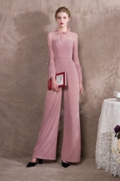 Womens Pearl Pink Chiffon Jumpsuits With lace Sleeves so-033