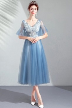 Yabreny Modern Sky Blue Homecoming dresses Mid-Calf Prom Dresses TSJY-007