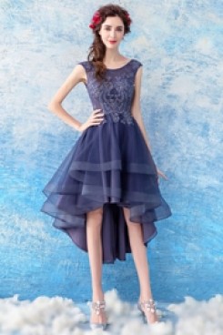 Yabreny Dark Bule Asymmetry Prom dress Front Short Long Back Homecoming Dresses TSJY-001