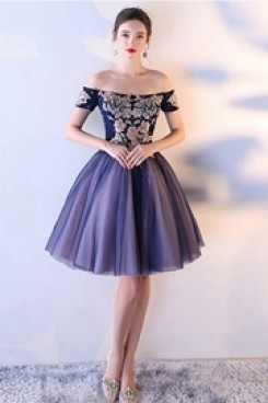 Yabreny Embroidery Off the Shoulder A-line short dress Dark Navy Homecoming Dresses cyh-038