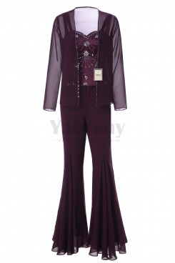 Yabreny Exquisite Hand-beading Chiffon Mother of the Bride Pantsuits Purple MT001705-1