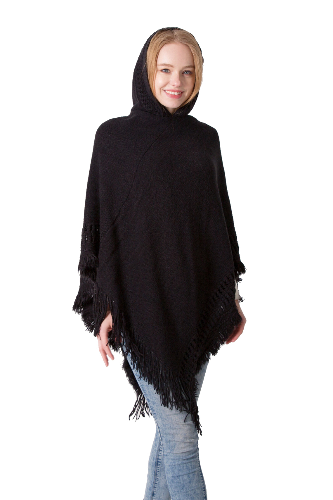Women's Crochet Poncho Knitting Hooded Cape with Fringed ...